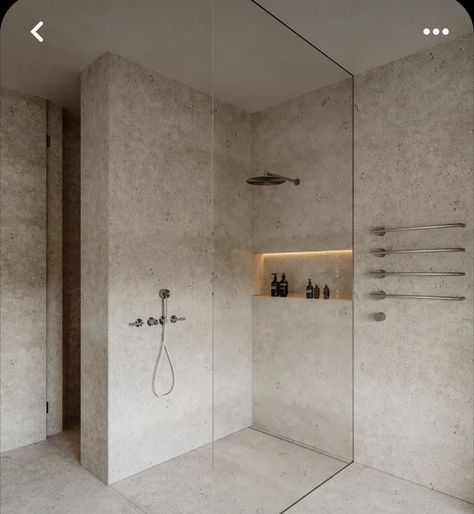 Travertine Shower Ideas, Modern Ranch Bathroom, Travertine Shower, Minimal Bathroom, Master Shower, Glam Living Room, Bathroom Design Inspiration, Bathroom Design Decor, Bathroom Inspiration Decor