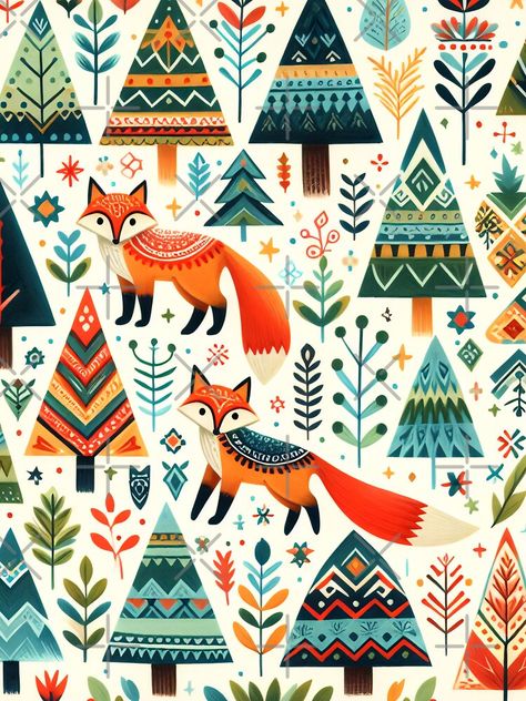 Scandinavian Animals, Folk Art Animals, Norway Design, Holiday Crafts Gifts, Pine Tree Painting, Folk Art Christmas, Scandi Art, Fox Animal, Flat Drawings