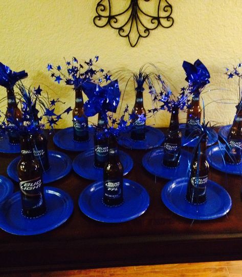 Adult party centerpiece with budlight beer bottle Bud Light Centerpieces, Bud Light Themed Birthday Party, Bud Light Birthday Party Decorations, Budlight Party Ideas, Beer Bottle Centerpieces For Men, 21st Birthday Centerpieces For Guys, Birthday Party Centerpiece Ideas, Bud Light Birthday, Light Centerpieces