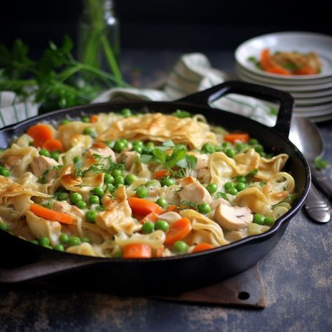 Chicken Pot Pie Noodle Skillet, Casserole Kitchen, Homemade Chicken Pot Pie, Noodle Dish, Hearty Chicken, Chicken Pot Pie Recipes, Cooked Chicken, Grandmas Recipes, Cook Chicken Breast