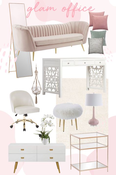 Girly Desk Ideas, Light Pink Office Ideas, Pink Grey And Gold Office, Feminine Office Wallpaper, Pink White And Gold Office Ideas, Gold Office Decor Ideas, Pink Glam Office, Black White Pink Gold Office, Blush Home Office