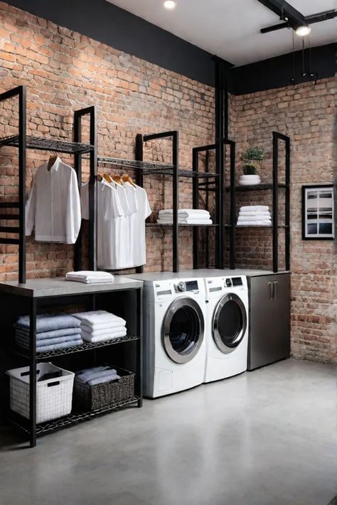 Industrial laundry room with practical storage Industrial Laundry Room Design, Stainless Steel Laundry Room, Industrial Laundry Room Ideas, Laundry Shop Design Ideas, Laundry Room In Garage, Industrial Laundry Room, Tiny Laundry Room Ideas, Laundry Layout, White Furniture Decor