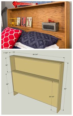 DIY Storage Headboard :: Get the FREE PLANS for this project and many others at buildsomething.com King Bookcase Headboard Diy, Diy Platform Bed With Headboard Storage, Diy Shelf Headboard Ideas, Storage Bedhead Ideas, Bedroom Save Space Ideas, Diy Headboard With Outlets, Diy Headboard With Usb Port, Bed Head With Shelves, Padded Headboard With Shelf