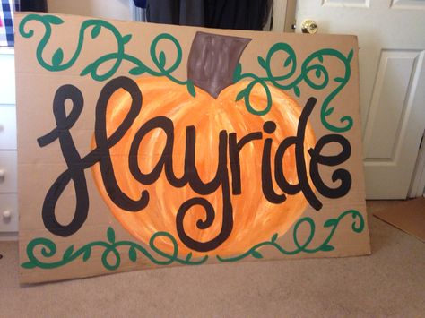 Hayride sign for fall festival! Fall Festival Hayride, Fall Festival Table Centerpieces, Farm Fundraiser Ideas, Harvest Festival Decorations Diy, Fall Festival Game Signs, Fall Harvest Festival Ideas, Community Fall Festival Ideas, Kids Fall Festival Ideas, Christian Fall Festival Ideas