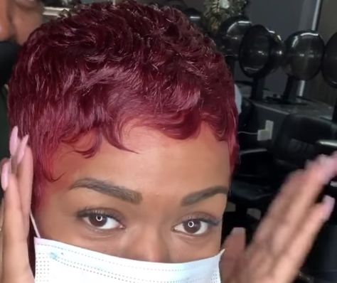 Burgundy Pixie Cut Black Women, Pink Pixie Cut Black Women, Red Pixie Haircut Black Women, Cherry Red Hair Color, Red Pixie Cut, Red Pixie Haircut, Knots Hairstyle, Marley Twist Hairstyles, Finger Waves Short Hair