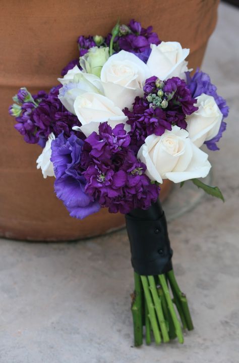 purple and white flowers with black ribbon bouquet Flowers For Purple Prom Dress, Purple Carnation Bouquet, Stock Wedding Bouquet, Prom Flowers Bouquet, Bride Bouquets White, Prom Bouquet, Purple Carnations, Carnation Bouquet, Boho Prom