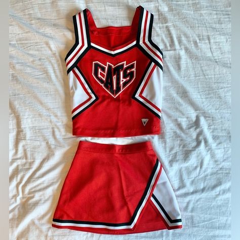 VARSITY SPIRIT Fashions • Red & White Cats Cheer Uniform Set Red And White Cheer Uniforms, Red Cheer Uniforms, Varsity Cheer Uniforms, Varsity Cheerleading, Varsity Cheer, Cheer Uniforms, Blue Cheer, Vest Skirt, Cheerleading Uniforms