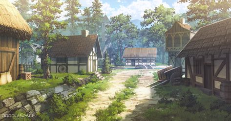 Small Village Concept Art, Gacha Village Background, Anime Village Scenery, Small Village Drawing, Anime Village Background, Fantasy Village Art, Village Animation, Village Rpg, Small Town Art