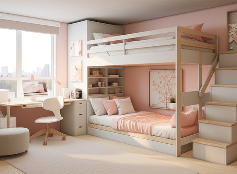 Pink Panelling, Bunkbed Ideas, Bedroom Bunk Bed, Dust Pink, Colour Theme, Teenage Bedroom, Pink Colour, Bunk Bed, Girls Room