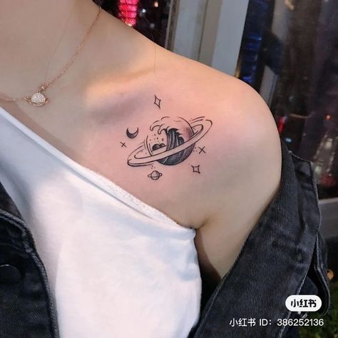 2024 Tattoo, Saturn Tattoo, Small Shoulder Tattoos, Universe Tattoo, Planet Tattoos, Small Hand Tattoos, Tattoo Cover, Elegant Tattoos, Feminine Tattoos