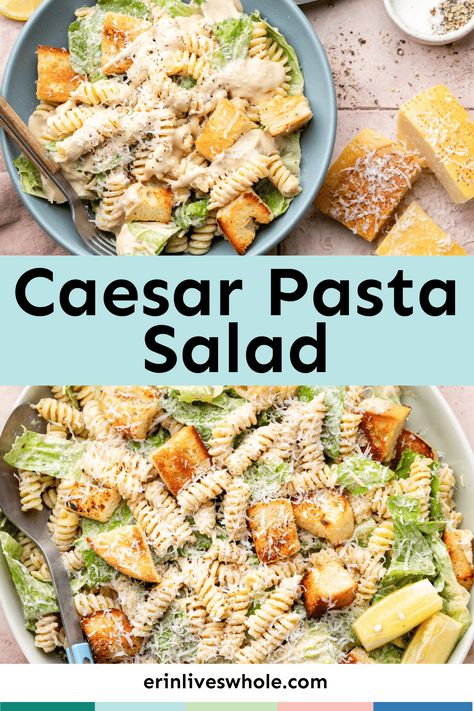 Get ready for your new favorite pasta salad recipe. Today, I'm bringing you my Caesar pasta salad, complete with garlicky Greek yogurt dressing, fresh chopped romaine, and sourdough croutons. Adding pasta to a fan-favorite salad transforms it into a filling and craveable main dish. Romaine Pasta Salad, Favorite Pasta Salad, Salad Caesar, Sourdough Croutons, Simple Soups, Homemade Pasta Salad, Greek Yogurt Dressing, Classic Pasta Salad, Caesar Pasta Salad