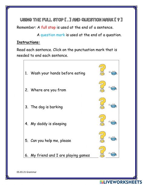 Question Mark Worksheet, Full Stop, Punctuation Marks, Can You Help Me, Forgot My Password, Question Mark, School Subjects, Online Workouts, Punctuation