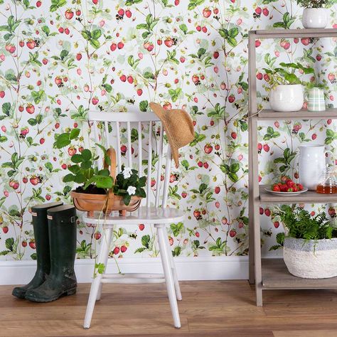 Pantry Wallpaper, Width Wallpaper, Strawberry Wallpaper, White Trellis, Office Design Inspiration, Trellis Wallpaper, Antique Wallpaper, Fruit Wallpaper, Joyous Celebration