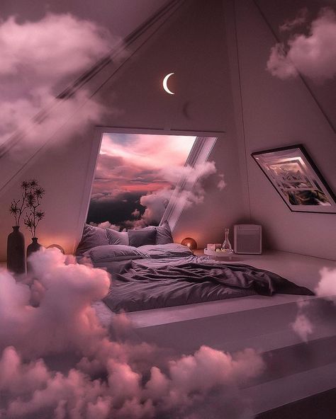 7 4 7 | Photoshop Art’s Instagram photo: “Do you ever sit on your bed, and just day dream for hours? 🛏💭 . . . . #positivevibes #sky #bedroomgoals #crescentmoon #bedroomstyling…” Digital Art Room Aesthetic, Waiting Room Shifting Bedroom, Cloud Room Aesthetic, Cloud Bedroom, Dreamy Bed, Glitter Photography, Fantasy Furniture, Day Dreaming, Dream Symbols