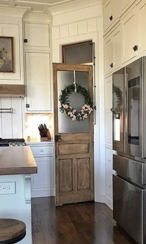 Rustic Pantry Door, Wooden Pantry, Kitchen Pantry Doors, House Pantry, Farmhouse Pantry, Corner Pantry, Pantry Remodel, Farmhouse Kitchen Design, Pantry Door