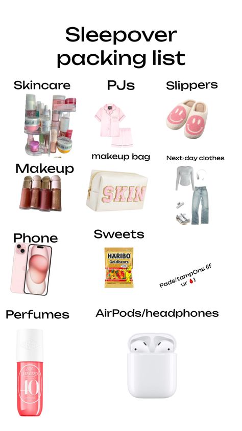 Pack w/ me for a sleepover!! X 💓💓 Sleepover Packing, Pack W Me, Sleepover Packing List, Sleepover Essentials, Pads Tampons, Fun Sleepover Ideas, What To Pack, Shopping Hacks, Skin Makeup