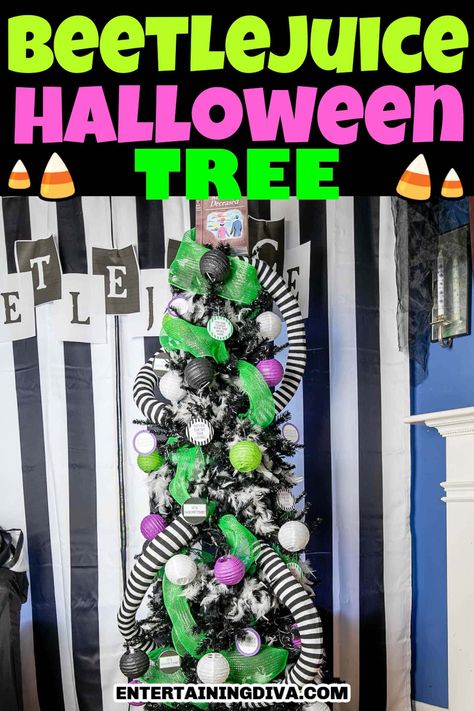 Add a spooky touch to your Halloween party decor with this Beetlejuice Halloween tree. Follow our guide for easy DIY ornaments and a fun tree topper. Diy Beetlejuice, Easy Diy Ornaments, Diy Halloween Tree, Beetlejuice Party, Unique Tree Toppers, Halloween Tree Decorations, Alex Brightman, Beetlejuice Halloween, Diy Halloween Decor