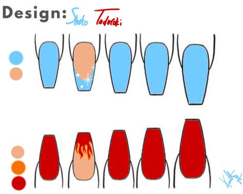 Anime Nail Inspo Simple, Fire And Ice Nail Designs, Anime Nails Designs Simple, Anime Themed Nails Simple, Mha Nails Design, My Hero Nails, Nails Design Drawing, My Hero Academia Nail Art, Mha Nail Art