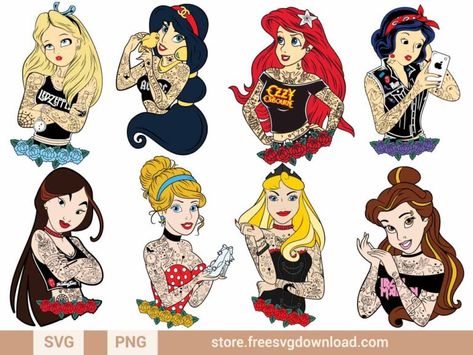 Tatted Princess Disney Characters, Disney Punk Princess, Tatted Disney Princess, Disney Princesses With Tattoos, Disney Princess With Tattoos, Evil Disney Princesses Dark Side, Tattooed Disney Princesses, Tattoo Disney Princess, Nike Spiderman