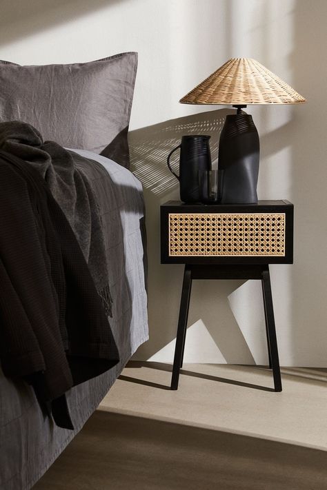 Rattan Bedside Table, Sofa Table Decor, Minimal Living Room, Black Rattan, Black Bedside Table, Bedside Table Design, Small Bedside Table, Bedroom Wall Designs, Furniture Side Tables