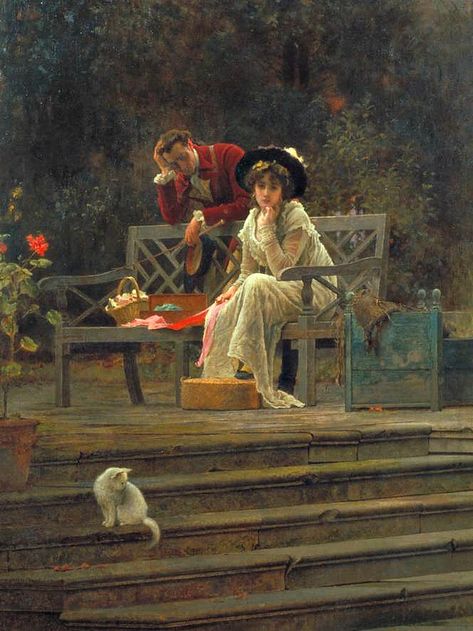 Marcus Stone (British, 1840–1921). Marcus Stone Paintings, Heartfelt Paintings, Drawing Composition, Green Bench, Genre Painting, Victorian Paintings, Old Portraits, Portrait Pictures, Classic Paintings