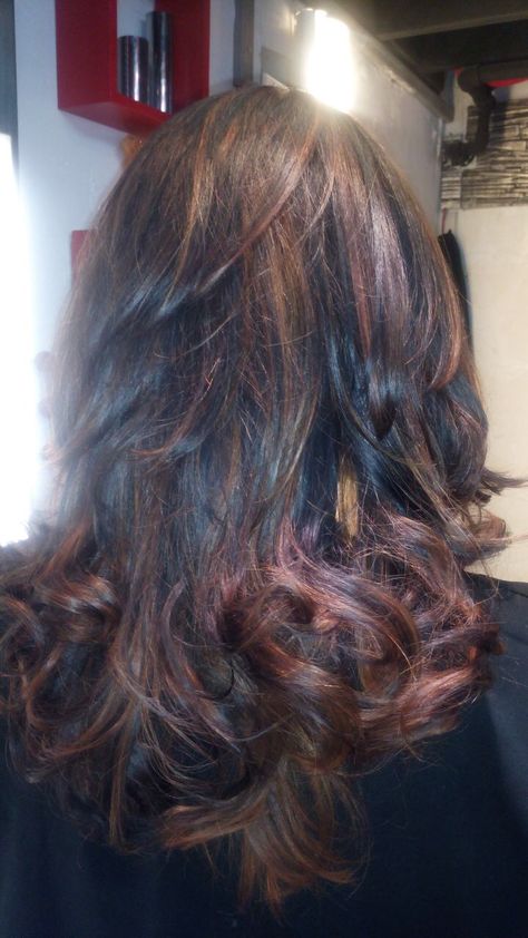 Black hair with copper highlight ombré Black Hair With Copper, Coral Highlights, Highlights Dark Brown Hair, Highlights For Dark Brown Hair, Orange Highlights, Copper Highlights, Dark Brown Hair, Hair Inspo, Brown Hair