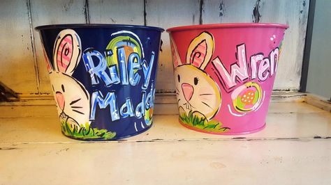 Painted Easter Bucket, Easter Pail, Metal Pail, Easter Basket Items, Treat Basket, Easter Buckets, Easter Stuff, Halloween Buckets, Hoppy Easter