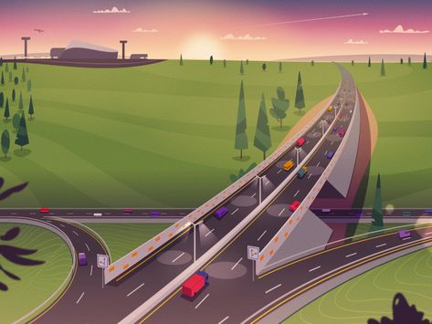 Highway by Dmitry Moiseenko on Dribbble Highway Architecture Design, Highway Illustration, Highway Background, Highway Interchange, Highway 1, Car Illustration, Learning Design, Soccer Field, Global Community