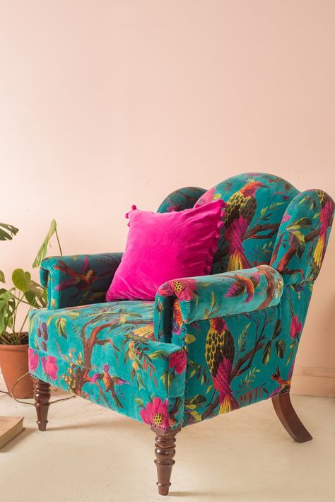 Blue Bird of Paradise Velvet Armchair                      – Ian Snow Ltd Funky Armchairs, Vintage Decorating Ideas, Ian Snow, Clare Valley, Funky Chairs, Vintage Decorating, Fun Furniture, Home Decoration Ideas, Funky Furniture