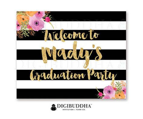 GRADUATION Party WELCOME SIGN Party Signs Grad Party Signage Welcome Signs Candy Bar Signs Party Dec Black And White Graduation Party, Graduation Party Welcome Sign, College Grad Party, Party Signage, Candy Bar Sign, Gold Graduation Party, Party Welcome Sign, College Graduation Parties, Grad Invitations