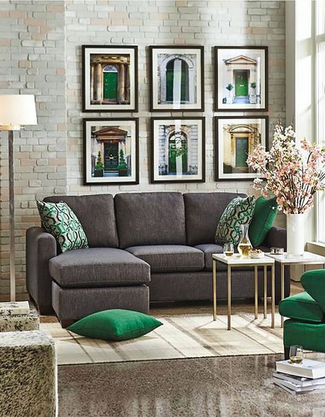 06 Charcoal Grey Sofa Grey Stone Floors And Emerald And Gold Details For A Chic And Sophisticated Look Green Sofa Design, Grey Sofa Decor, Gray Sofa Living, Sofa Navy, Gray Couch, Grey Sofa Living Room, Teal Living Rooms, Sofa Blue, Grey Couch Living Room