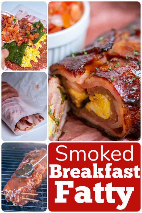 Smoked Breakfast Fatty Smoked Fatty, Breakfast Fatty, Bacon Weave, Bbq Dry Rub, Filling Breakfast, Bbq Rub, Stuffed Poblano Peppers, Fire Roasted, Sausage Breakfast