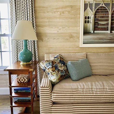 Lucy Doswell on Instagram: "A view of the living room from our East Hampton installation this week. Horizontal stripes bring the fun! #lucydoswellinteriors" Pinstripe Sofa, Hampton Living Room, Stripe Sofa, Striped Couch, Nantucket House, Striped Sofa, Beach Living Room, Cool Couches, Couch Upholstery