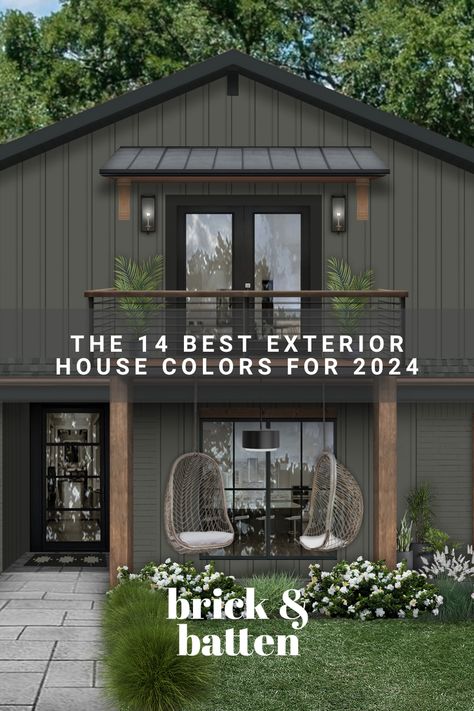 We're excited to present our list of the best exterior house colors for 2024. Whether you desire something dark and moody or light and bright, there’s a designer-approved hue here for everyone. View the full list and let us know which color is your favorite: https://bit.ly/3R3XXux Modern Dark Home Exterior, Mountain House Paint Colors Exterior, Sand Exterior House Colors, Exterior Green Paint Colors For House, Dark Colored Houses, Dark Green Siding House, Siding Ideas Exterior Color Schemes, Dark Exterior House Colors Modern, Wood Home Exterior