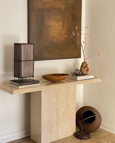 Travertine Entry Table, Travertine Console Table, Travertine Console, City On A Hill, Marble Room, Marble Furniture, Hall Interior Design, Decor Studio, Hall Interior