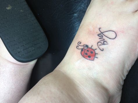 Lady Bug tattoo on top of foot with daughters nickname Bug Nickname Tattoo, Favorite Tattoos, Lady Bug Tattoo, Ankle Tattoos For Women, Bug Tattoo, Ink Inspiration, Shoulder Tattoos For Women, Tattoo Cover-up, Girly Tattoos