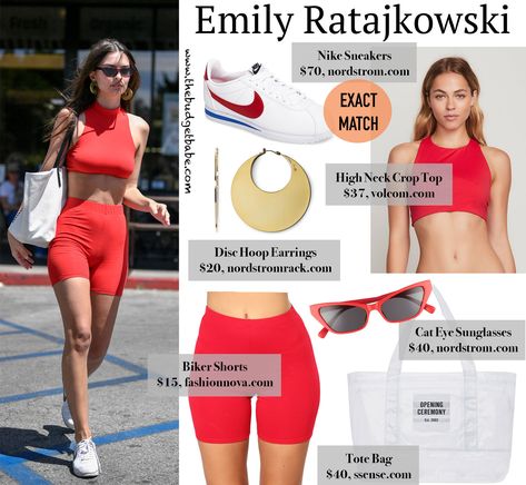 Emily Ratajkowski Red Biker Shorts Look for Less Red Biker Shorts Outfit, Color Biker Shorts, Red Biker Shorts, Combat Boots Shorts, Lace Biker Shorts, Cortez Sneakers, Shorts Ootd, White Biker Shorts, Shorts Crop Top