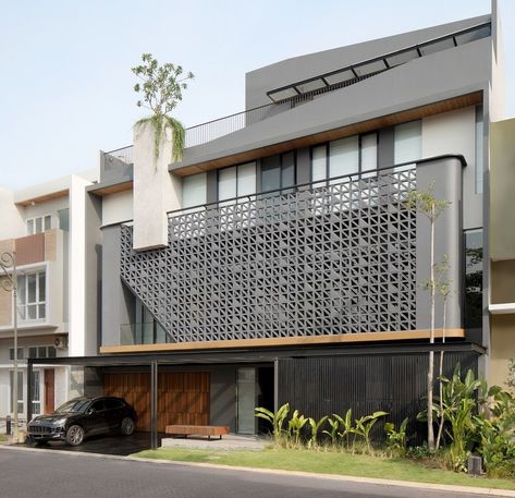 Residence Design With A Warm And Natural Ambiance | Axial Studio - The Architects Diary Axial Studio, Aesthetic Home Kitchen, Architectural Presentation, Metal Facade, House Facades, Balcony Grill Design, Facade Architecture Design, Small House Elevation Design, Modern Exterior House Designs