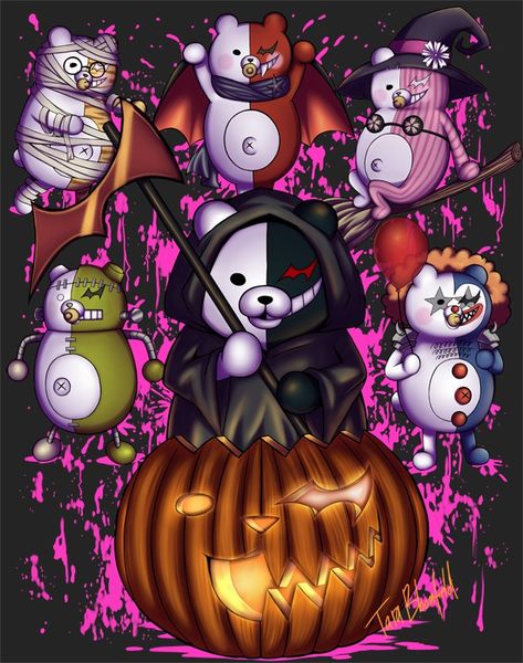 Monokuma Wallpapers, Danganronpa Halloween, Danganronpa Monokuma, Danganronpa 3, Danganronpa Characters, Halloween Art, Danganronpa, Halloween Wreath, Cool Pictures