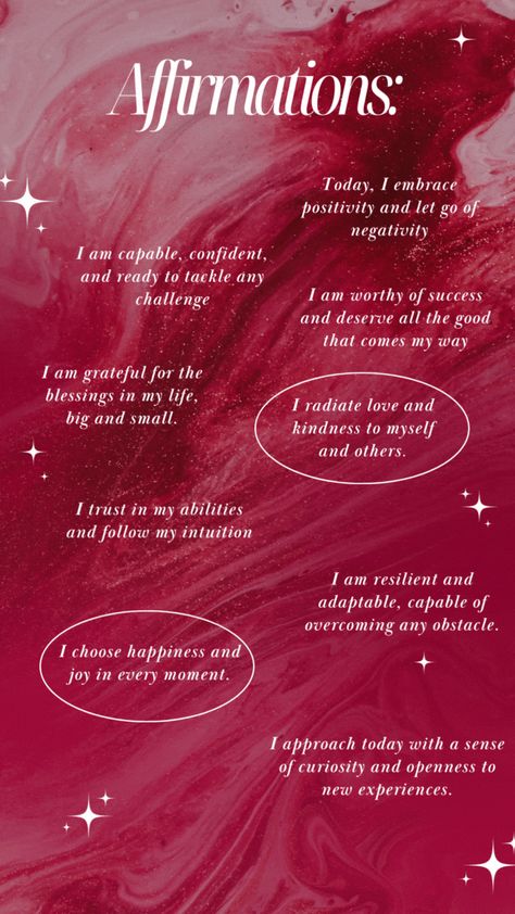 morning affs:Today, I embrace positivity and let go of negativity.I am capable, confident, and ready to tackle any challenge.I am grateful for the blessings in my life, big and small.I radiate love and kindness to myself and others.I am worthy of success and deserve all the good that comes my way.I trust in my abilities and follow my intuition.I am resilient and adaptable, capable of overcoming any obstacle.I approach today with a sense of curiosity and openness to new experiences I Am Resilient, Let Go Of Negativity, I Am Capable, Radiate Love, Love And Kindness, Morning Affirmations, I Am Worthy, I Trust, Choose Happy