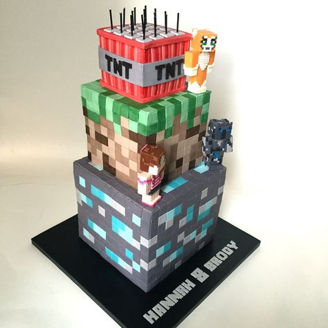 Minecraft Cake three tier Minecraft cake featuring Stampy (cat), Pat & Jenn characters. All squares cut with 1/2" square cutter (... Minecraft Cake Designs, Pastel Minecraft, Minecraft Birthday Cake, Roblox Cake, Minecraft Birthday Party, Cake Central, Minecraft Cake, Modeling Chocolate, Minecraft Birthday