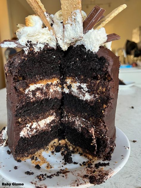 The Best 3-Layer S'Mores Cake S’mores Chocolate Cake, S’mores Layer Cake, Chocolate Buttercream Frosting Cake, Crumble Cookie Recipe, Crumble Cookie, Delicious Chocolate Cake, Marshmallow Buttercream, Phone Widget, Homemade Marshmallow