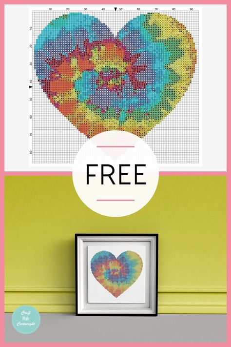 Cross stitch tie dye rainbow heart (free pattern) - Tie Dye Cross Stitch, Rainbow Cross Stitch Pattern Free, Cross Stitch Heart Pattern, Cool Embroidery, Tie Dye Heart, Tie Dye Rainbow, Rainbow Crafts, Feature Walls, Cross Stitch Heart