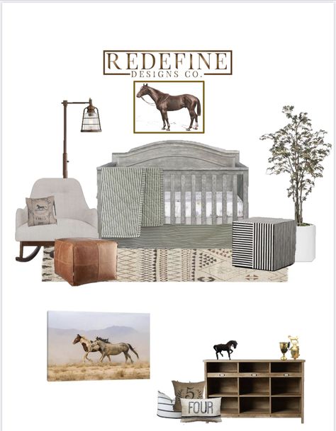 My client requested a western Horse themed nursery. This is what I created for her. Farm Themed Nursery Ideas, Subtle Cowboy Nursery, Equestrian Themed Nursery, Horse Themed Nursery, Cowgirl Nursery Theme, Horse Nursery Theme, Farm Nursery Theme, Cowboy Nursery, Horse Nursery