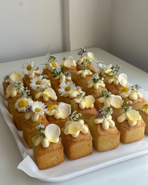 The cutest mini cakes for @chantecaille 😍😍😍 Edible flowers from @westlandsuk . . . #deesbasement Mini Cupcakes Decorating, Mini Cakes Aesthetic, Mini Vanilla Cake, Floral Desserts, Cafe Treats, Aesthetic Sweets, Petite Cakes, Cookies Decoration, Idea Video