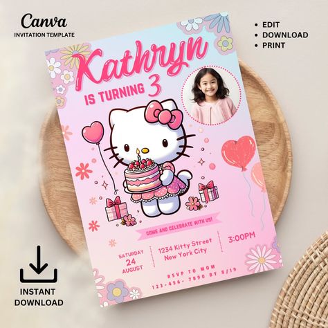 Hello Kitty Invitation Template, Kawaii Birthday Invitation, Friends Party Invitation, Hello Kitty Invitation, Hello Kitty Invitations, Bunny Invitations, Pink Invitation, Print Center, Party Invitations Printable