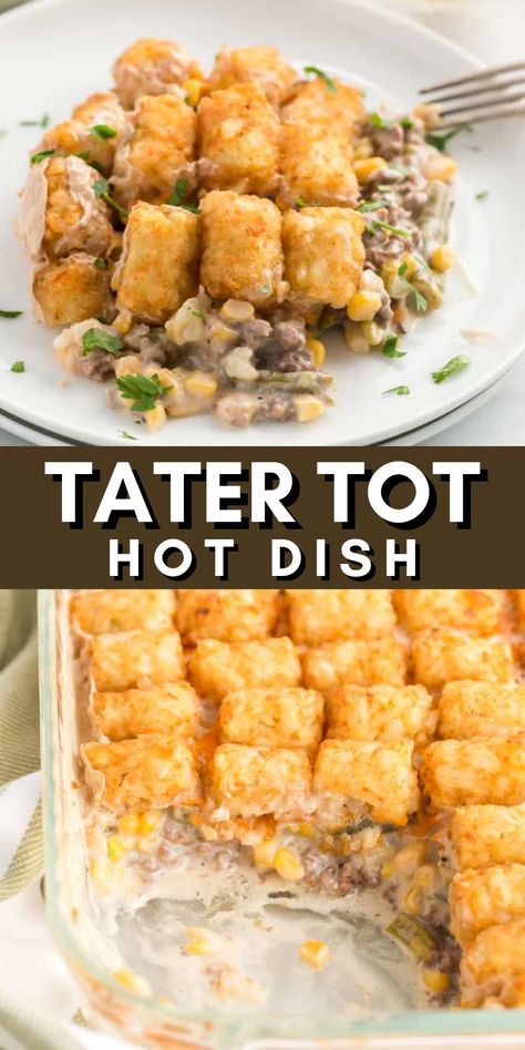 My Tater Tot Hot Dish is the ultimate comfort food casserole, combining crispy potato tots with a savory, homemade filling. This easy and quick meal is a simple delight that can be whipped up in no time, making it a perfect weeknight dinner or side dish. Delve into the warm, hearty goodness of this classic homemade comfort food. Tater Tot Hot Dish, Comfort Food Casserole, Homemade Tater Tots, Tater Tot Hotdish, Easy Tater Tot Casserole, Easy Tater Tots, Hotdish Recipes, Tater Tot Recipes, Potato Tots