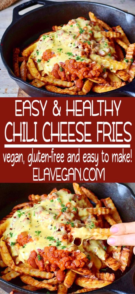 Chili Cheese Fries Recipe, Cheese Fries Recipe, Healthy Chili, Chili Cheese Fries, Vegan Junk Food, Vegan Chili, Fries Recipe, Chili Cheese, Vegan Comfort Food