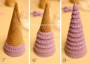 How to make turrets for a castle cake! Step 1 & 2: Flip the sugar cone onto some modeling chocolate and trace around it to create a base for the turret. Smooth the edges a bit so it’s nic… Rapunzel Torte, Gökkuşaği Pasta, Kek Kahwin, 3d Dort, Bolo Rapunzel, Castle Birthday Cakes, Rapunzel Cake, Princess Castle Cake, Decoration Patisserie