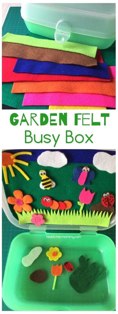 Garden Felt Busy Box Make this fun garden themed busy box from scraps of felt and a lunch box! Perfect for traveling or quiet time! Quiet Time Activities, Busy Boxes, Quiet Activities, Busy Bags, Toddler Fun, Toddler Learning, Infant Activities, Business For Kids, Toddler Crafts